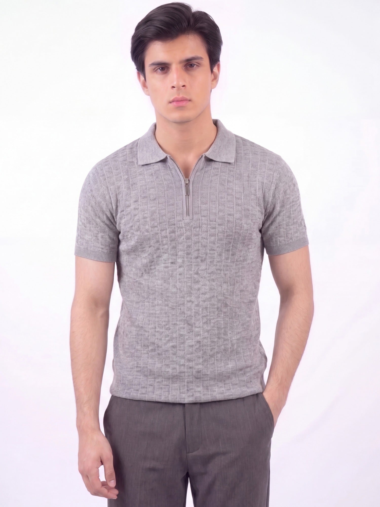 Grey- Salaar Clothing Cotton Textured Polo Shirt-Grey