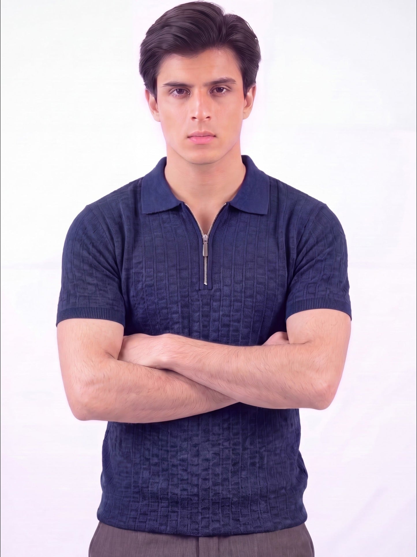 Navy blue-Salaar Clothing Cotton Textured Polo Shirt-Navy Blue