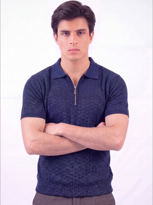 Navy blue-Salaar Clothing Cotton Textured Polo Shirt-Navy Blue