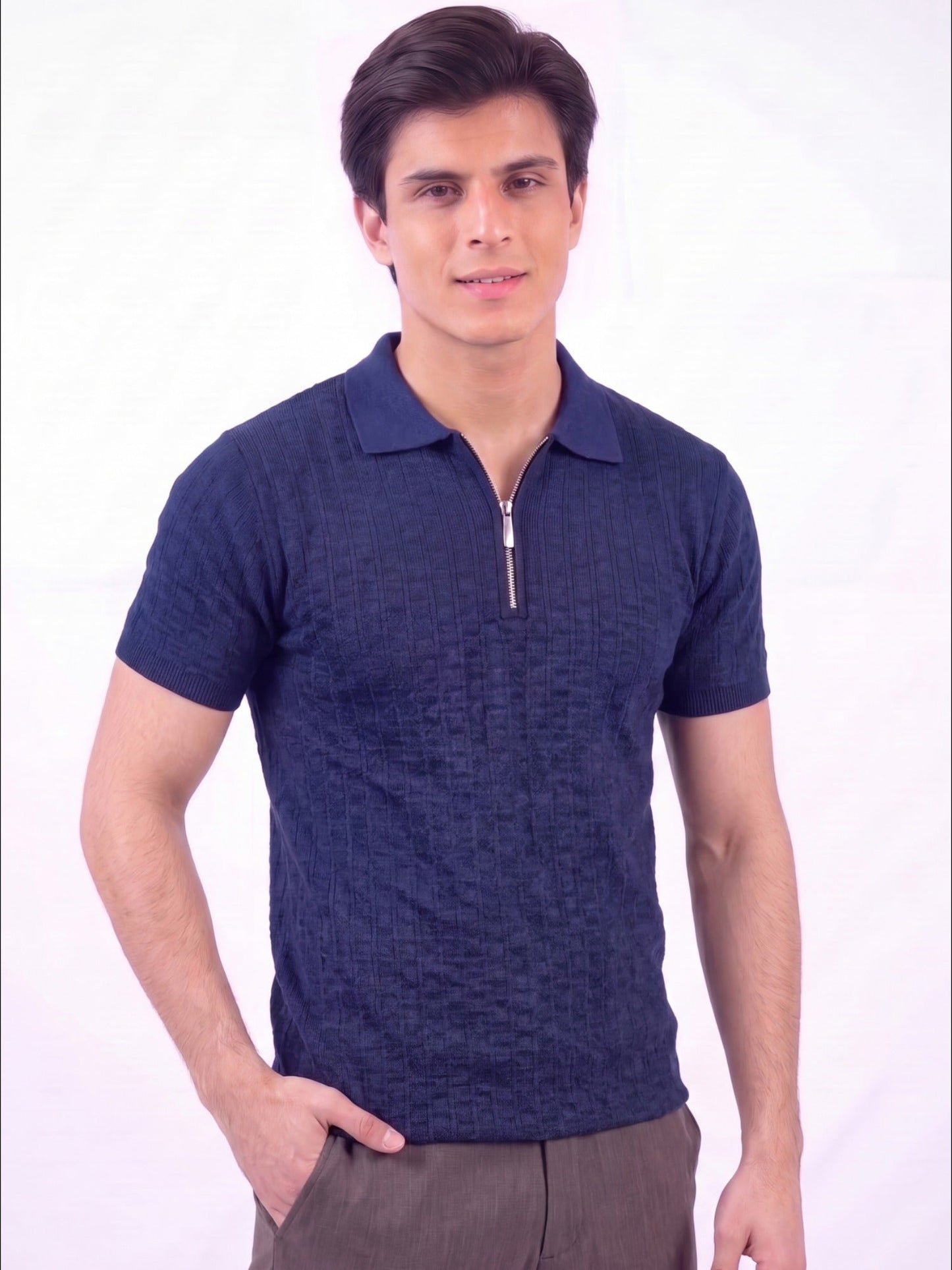 Navy blue-Salaar Clothing Cotton Textured Polo Shirt-Navy Blue