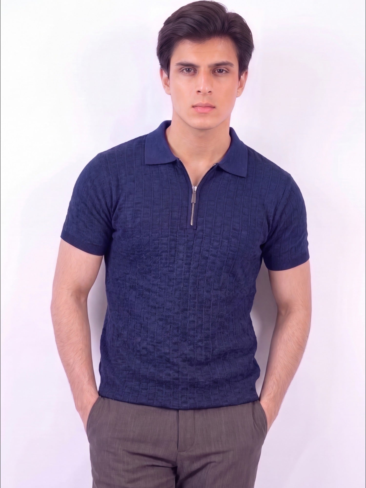Navy blue-Salaar Clothing Cotton Textured Polo Shirt-Navy Blue
