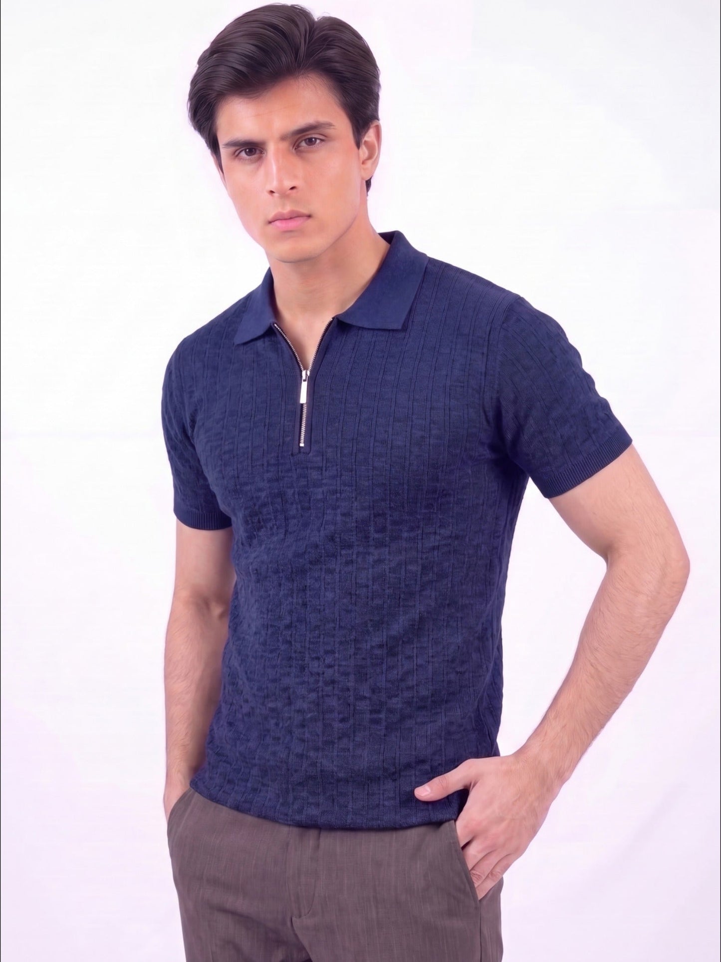 Navy blue-Salaar Clothing Cotton Textured Polo Shirt-Navy Blue