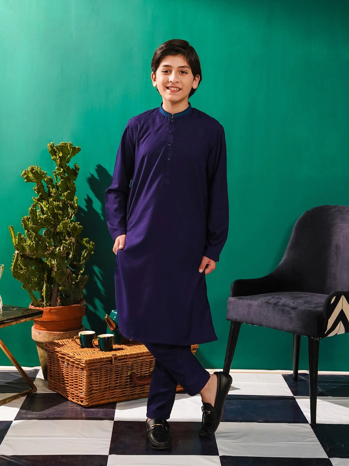Velvour Boys Cotton Embroidered Stitched Kurta Trouser Suit-VB172-B