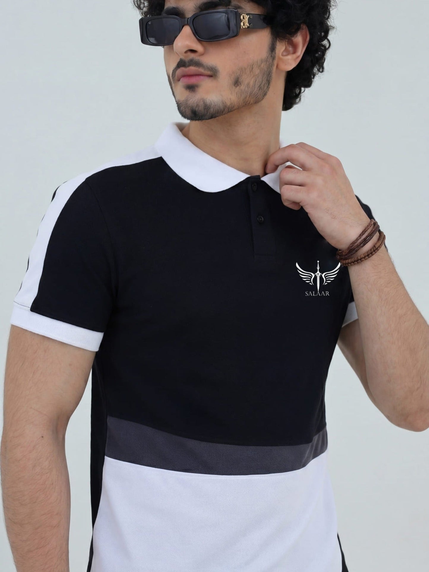 Black -Salaar Clothing Pique Cotton Polo Shirt-Storm Fade Basic Polo