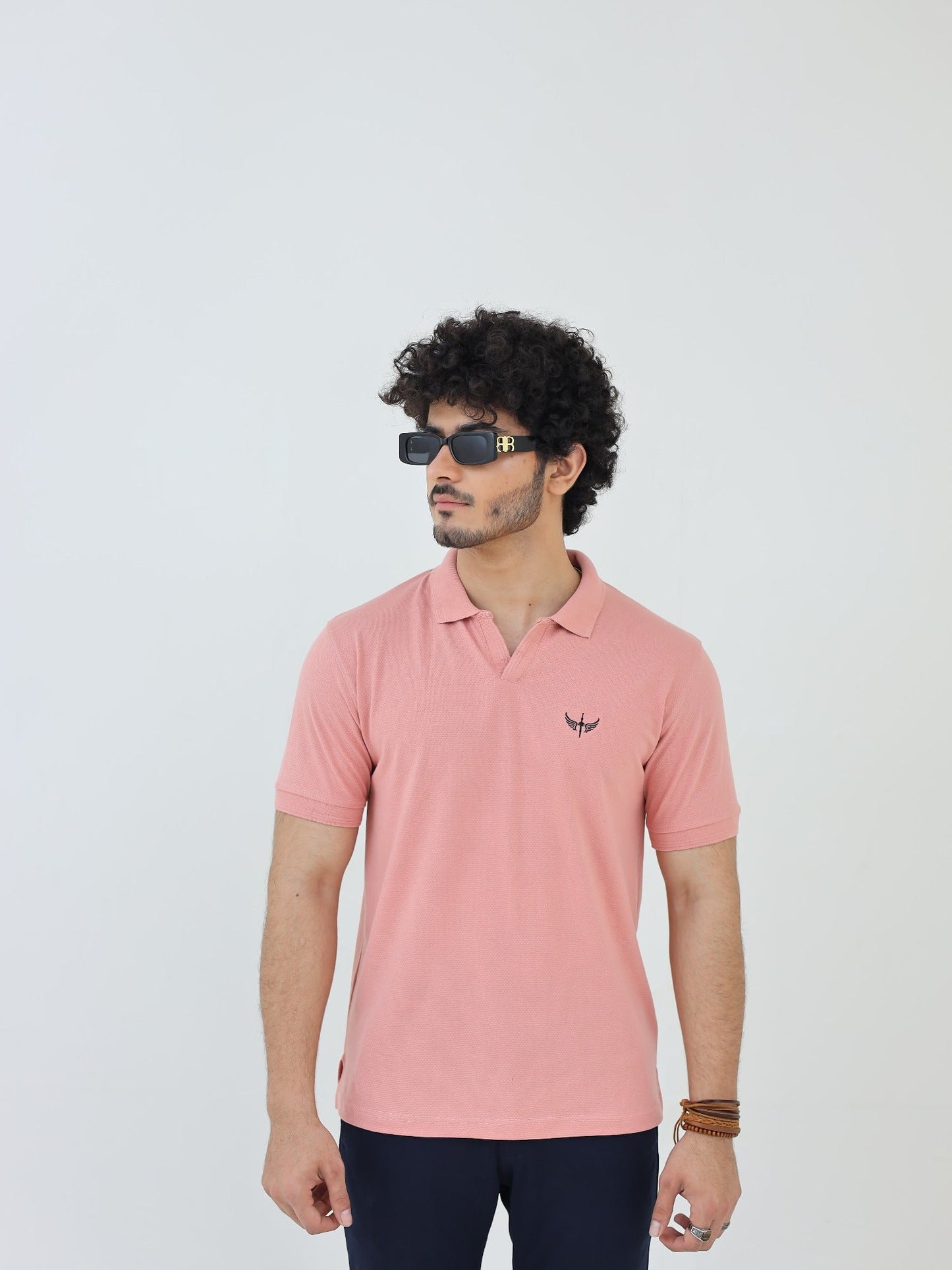 Pink-Salaar Clothing Cotton Textured Polo Shirt-Baby Pink