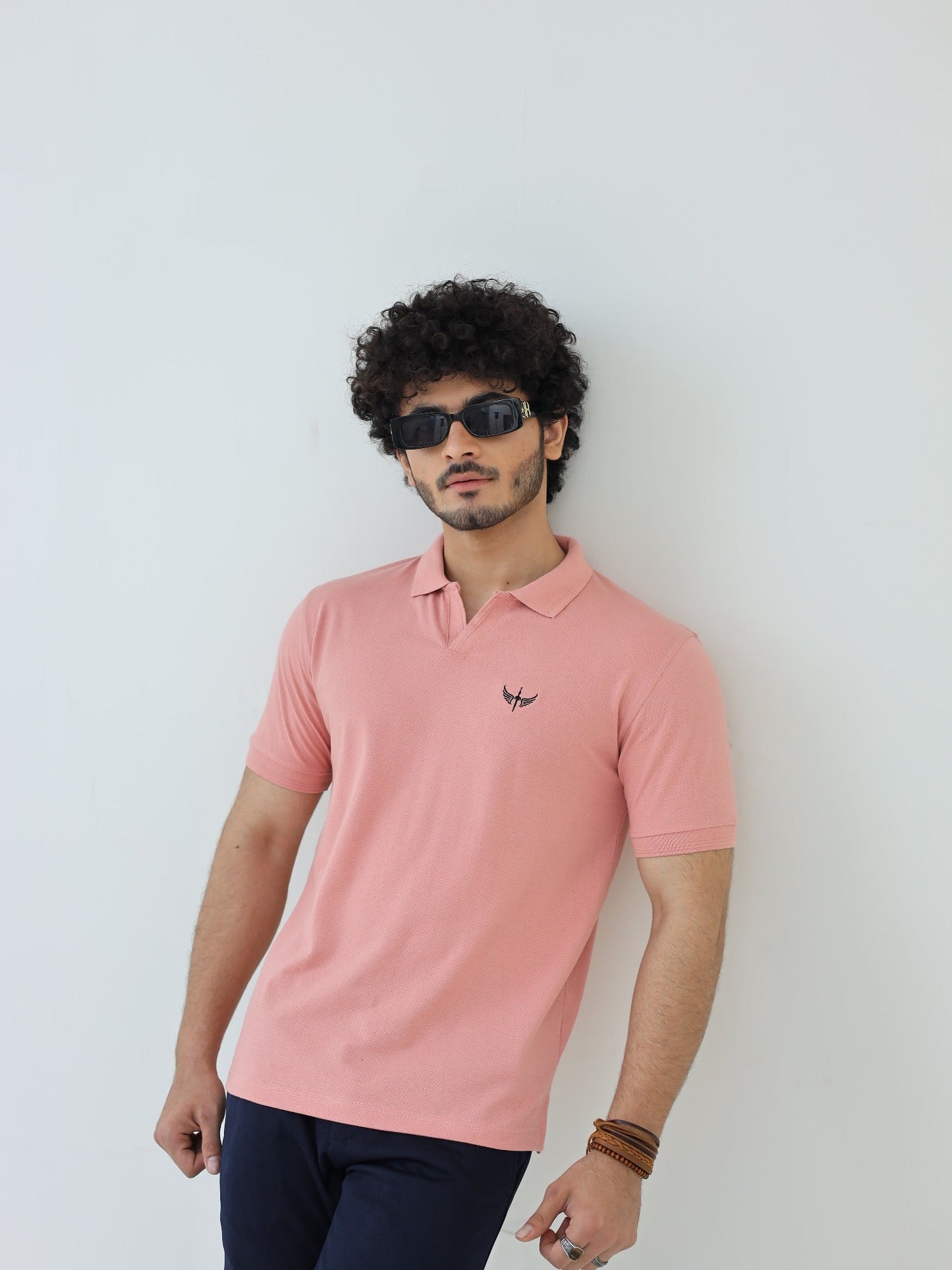 Pink-Salaar Clothing Cotton Textured Polo Shirt-Baby Pink