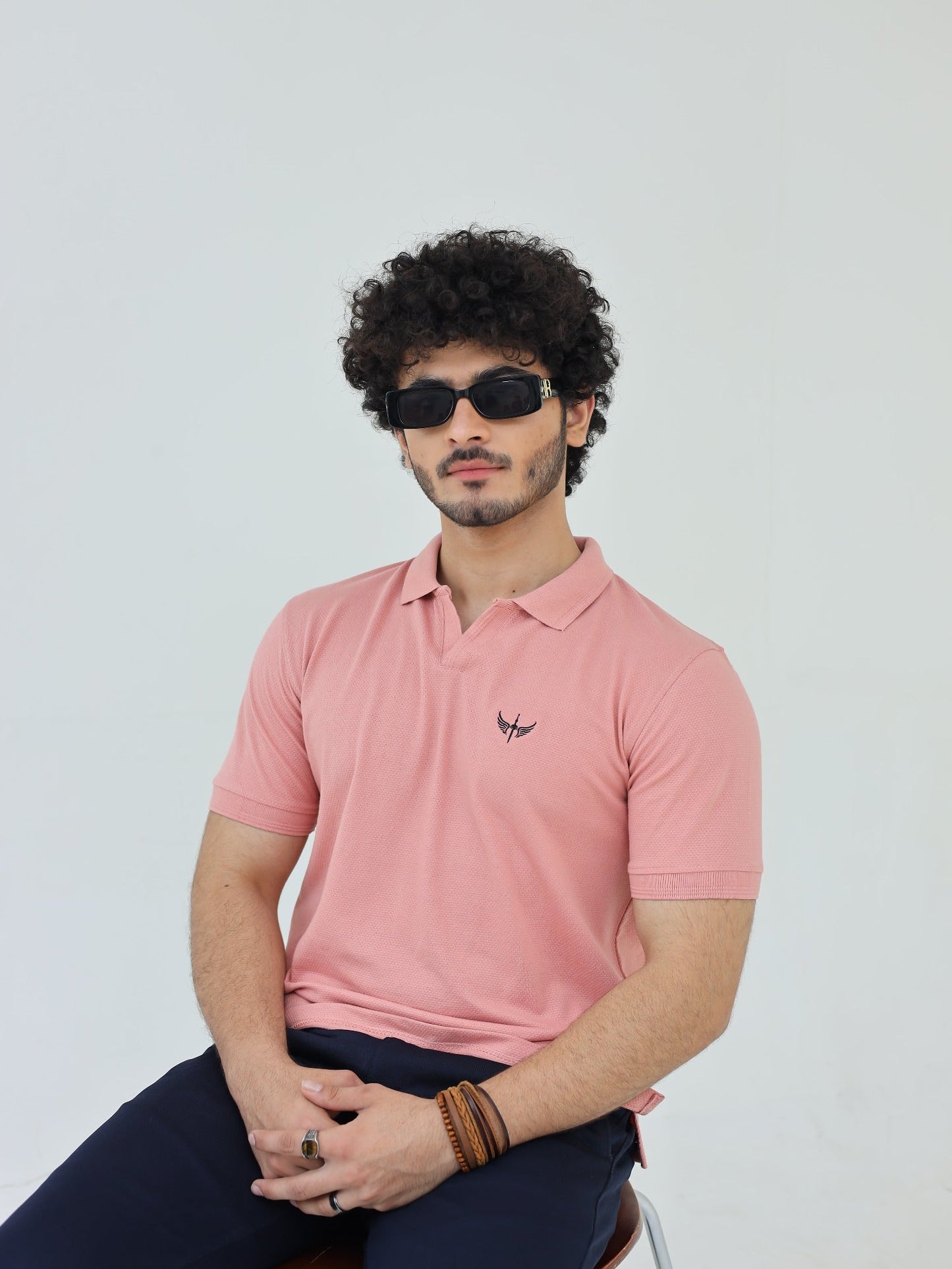 Pink-Salaar Clothing Cotton Textured Polo Shirt-Baby Pink