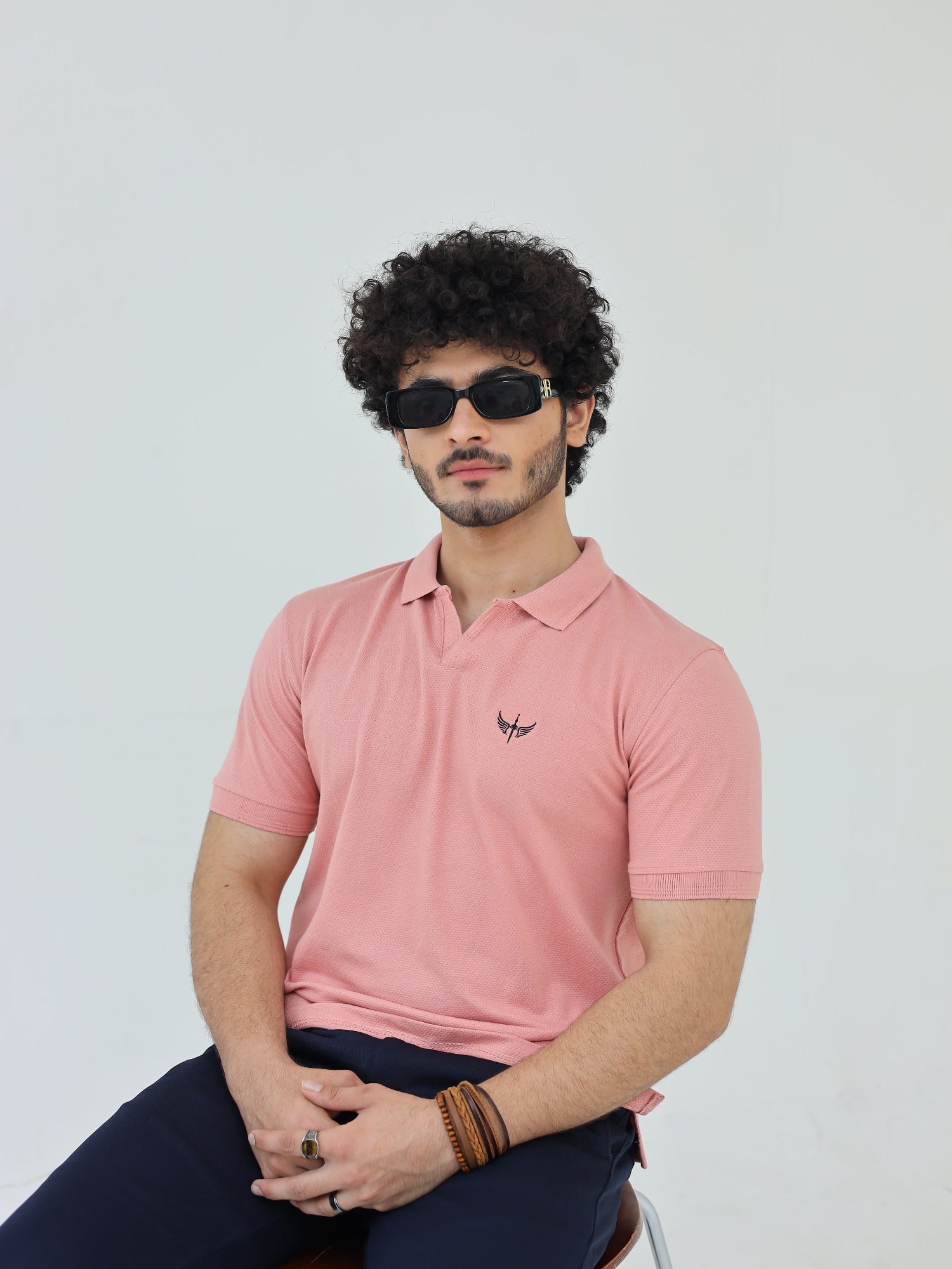 Pink-Salaar Clothing Cotton Textured Polo Shirt-Baby Pink