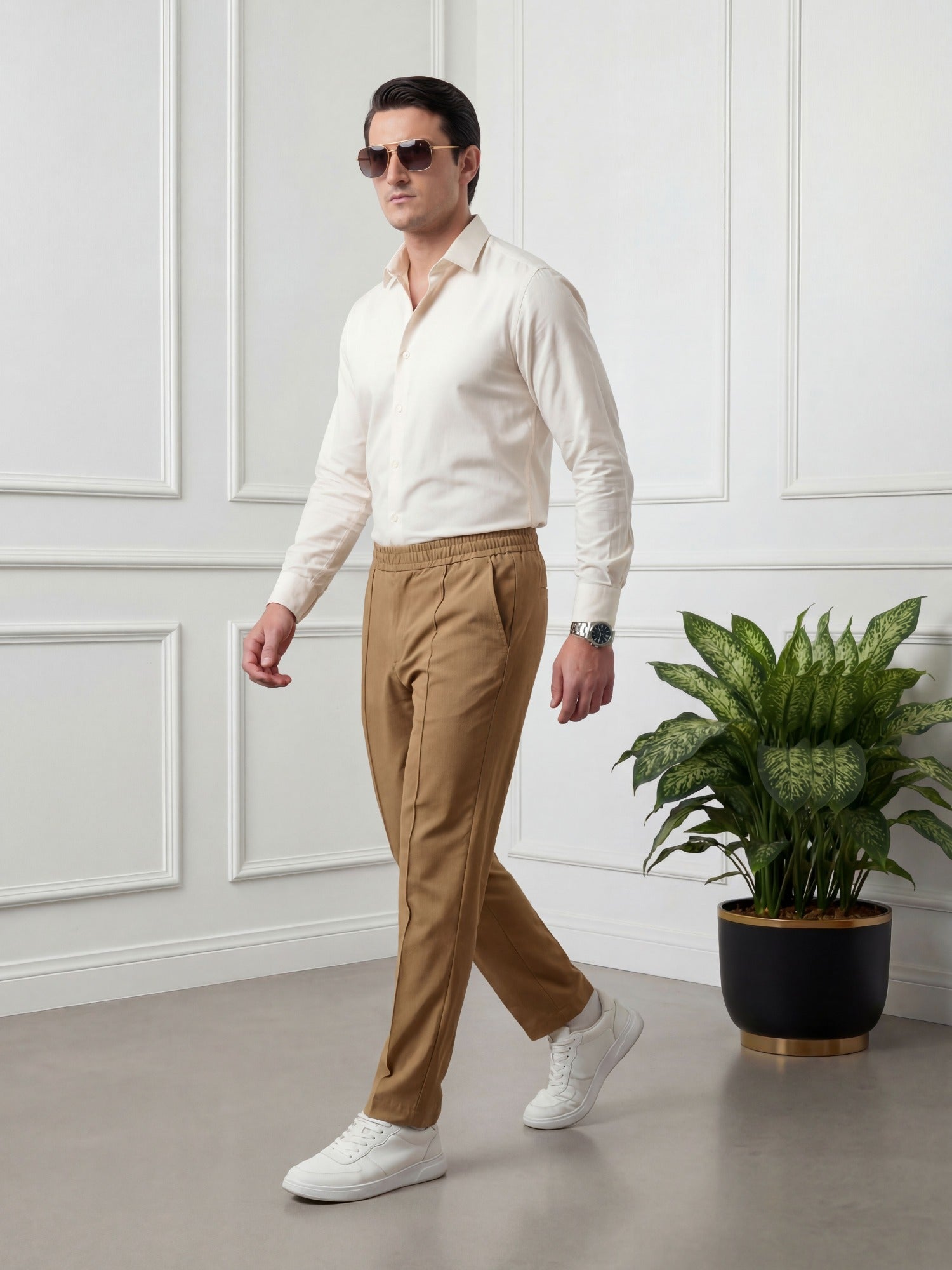 Salaar Clothing Straight Fit Woven Terry Trouser Pant-Khaki