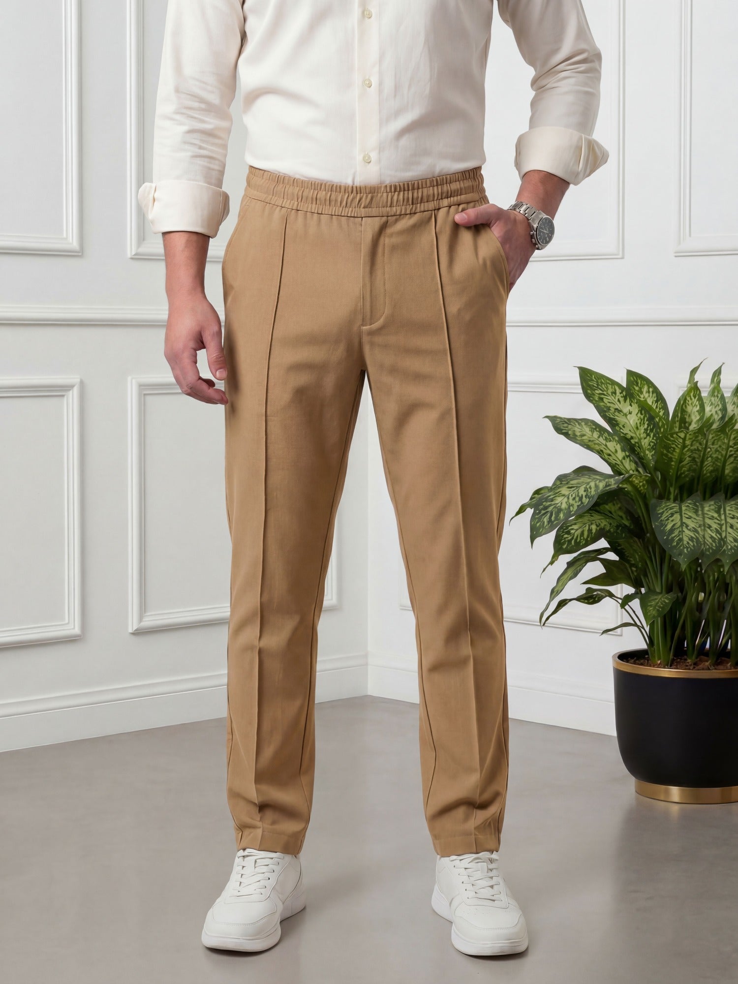 Salaar Clothing Straight Fit Woven Terry Trouser Pant-Khaki