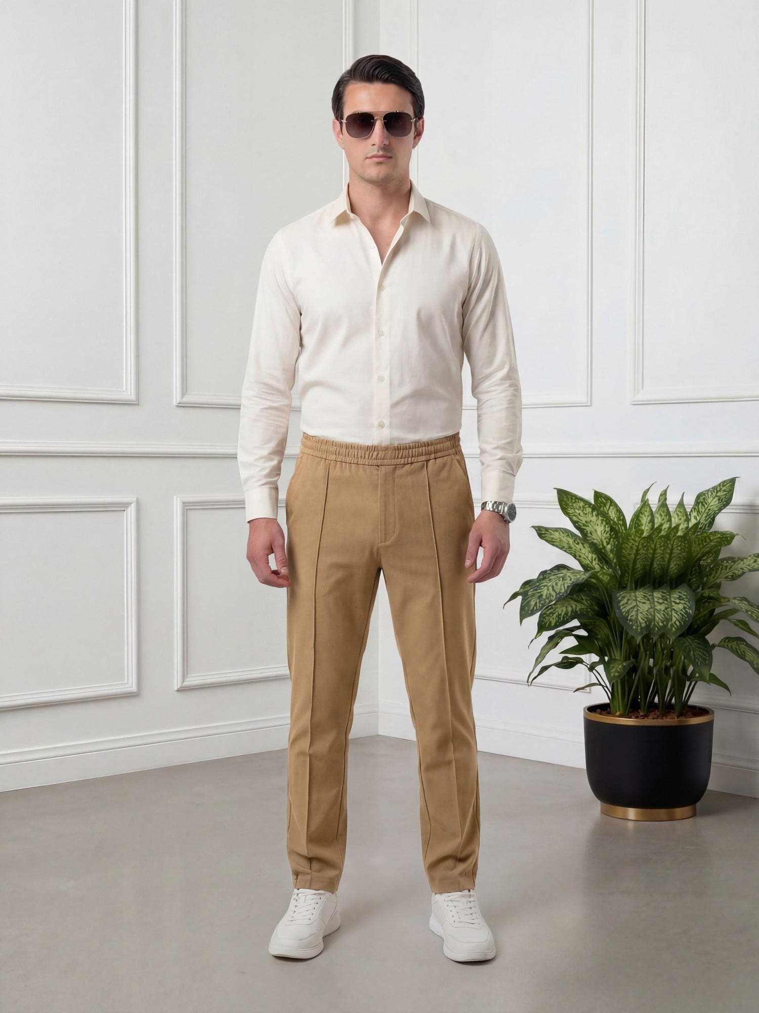 Salaar Clothing Straight Fit Woven Terry Trouser Pant-Khaki