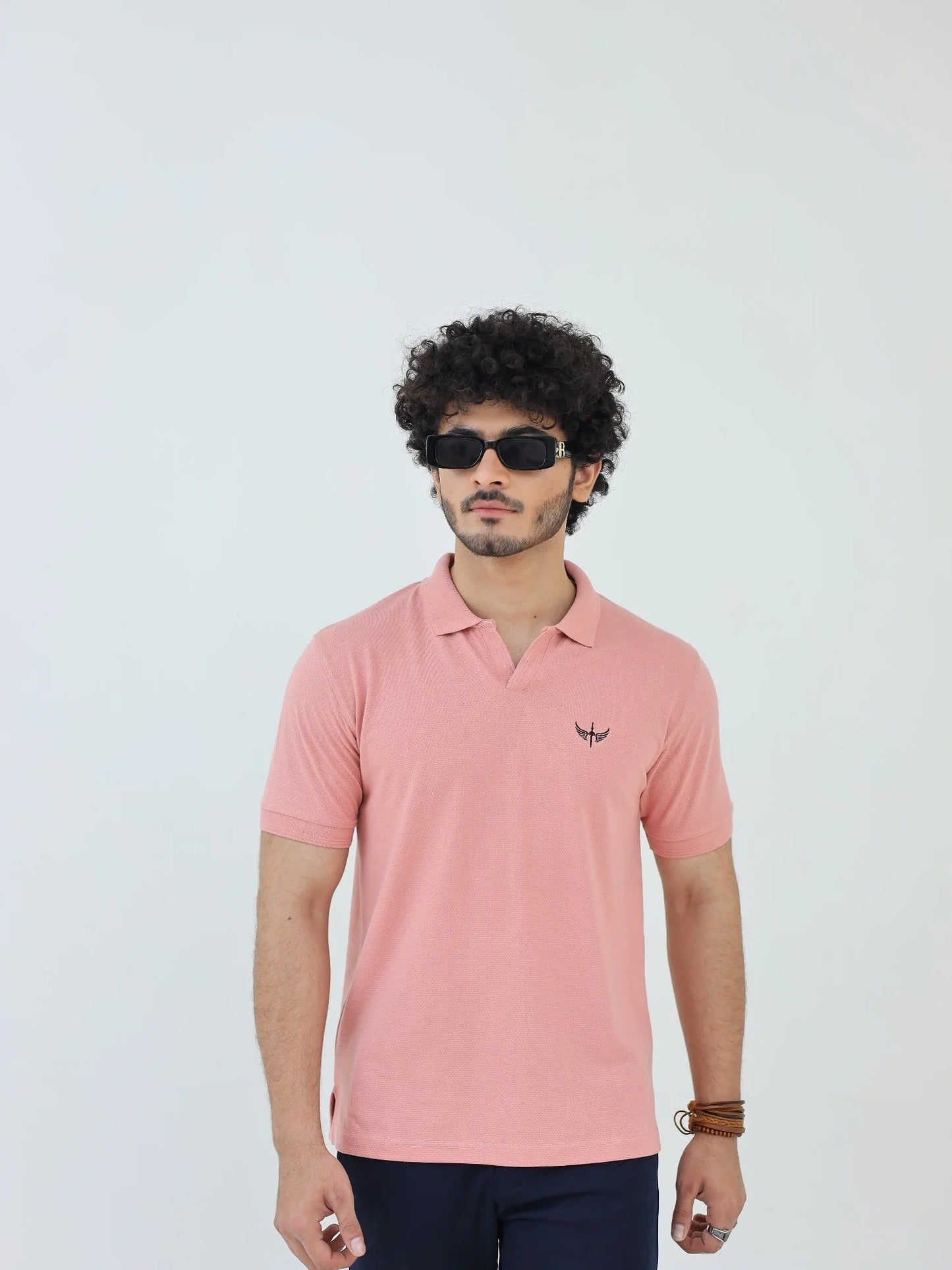 Pink-Salaar Clothing Cotton Textured Polo Shirt-Baby Pink