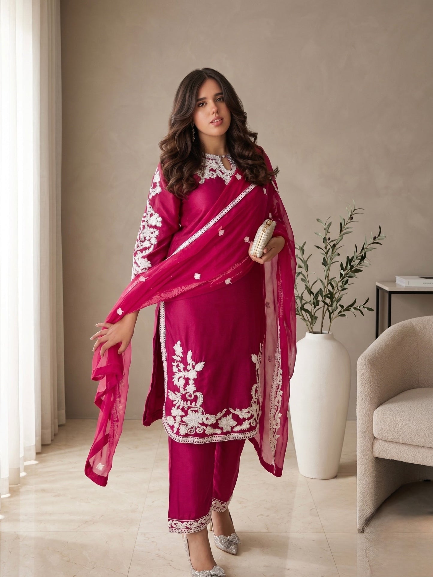Savarna Silk Embroidered Stitched 3-Piece Suit - Magenta Pink 59