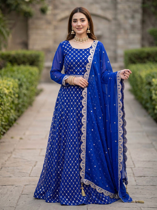 Savarna Chiffon Embroidered Lehnga Choli-Royal Blue-53