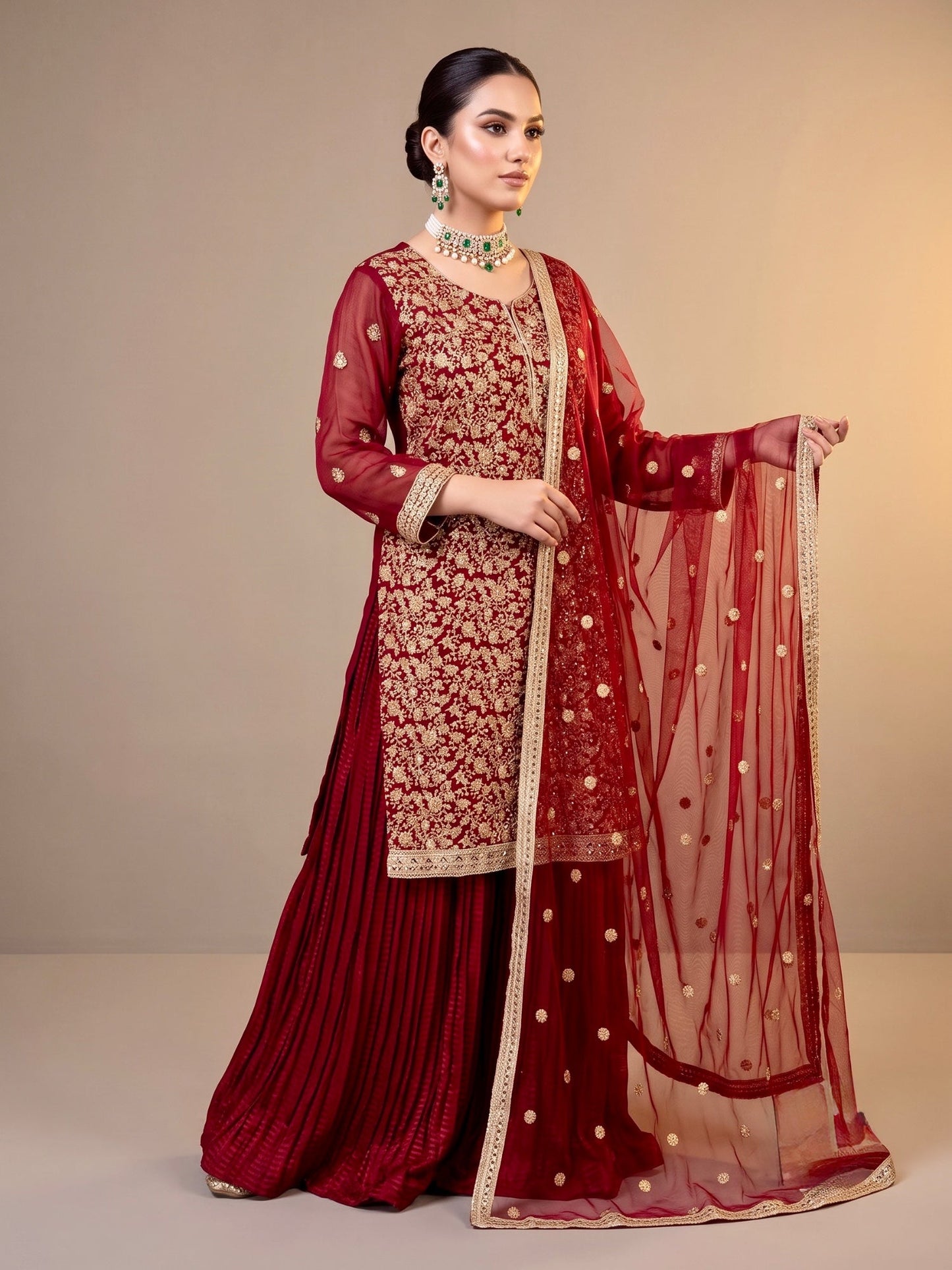 Savarna Chiffon Embroidered Sharara-Maroon-60