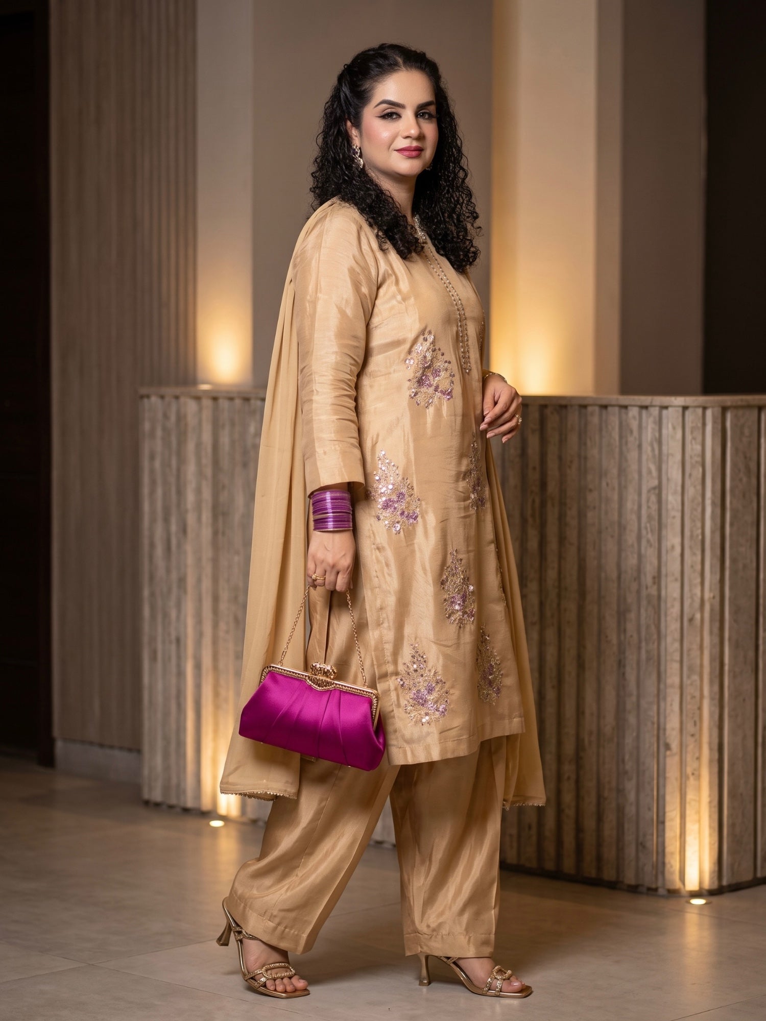 Savarna Raw Silk Embellished Stitched 3-Piece Suit - Skin Golden 61