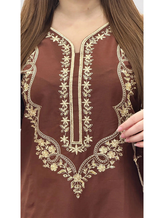 Brown-Tehzeeb Libas Lawn Embroidered Stitched 2-Piece Suit-Nagma             