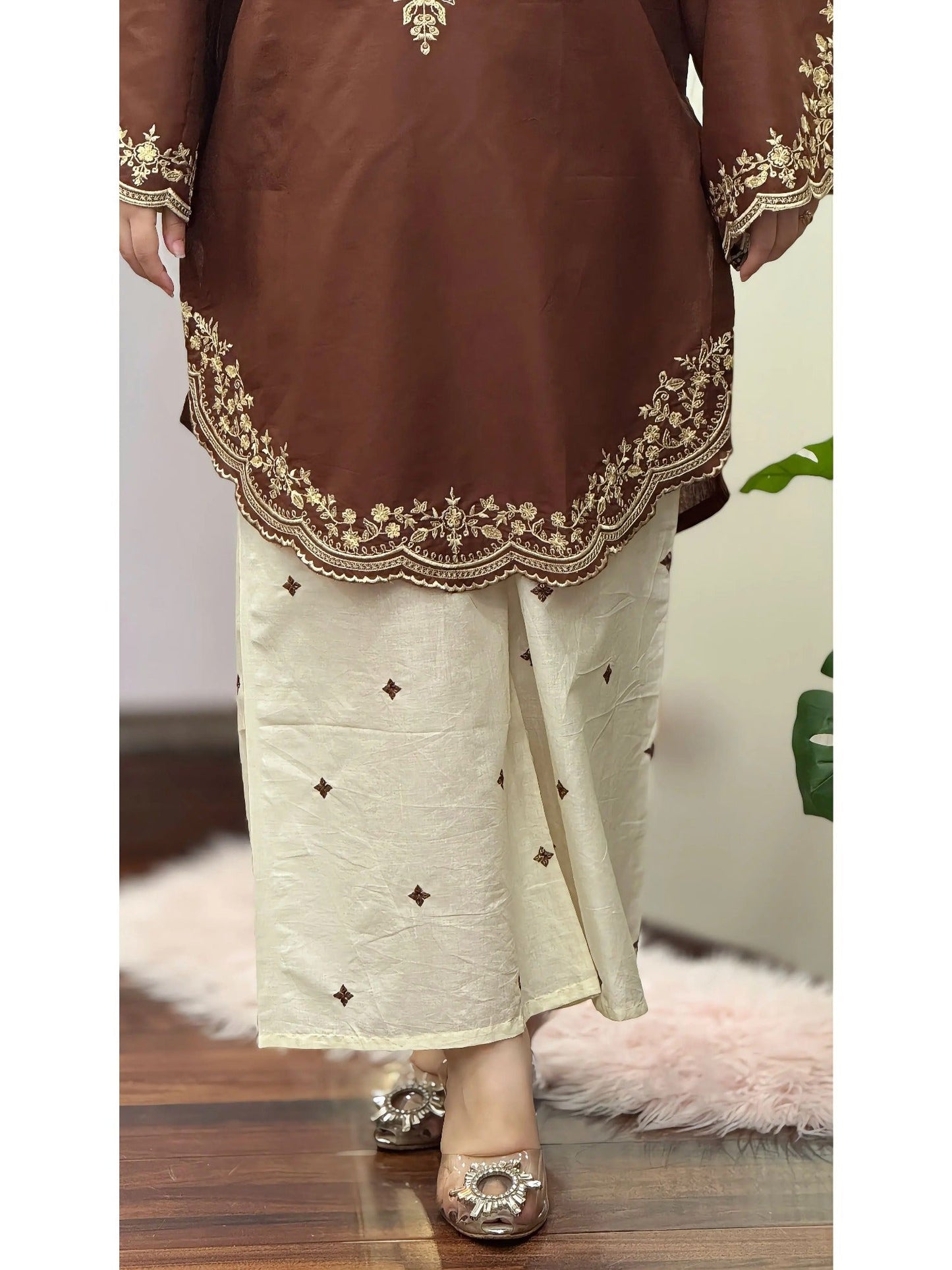 Brown-Tehzeeb Libas Lawn Embroidered Stitched 2-Piece Suit-Nagma             
