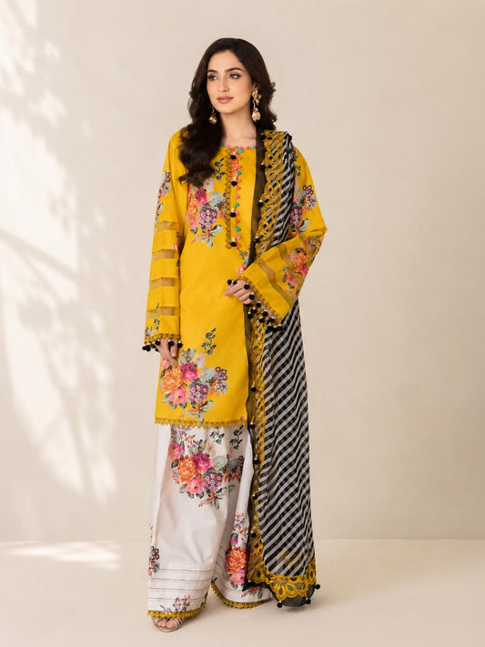 Yellow-Alina Lime Lawn Printed Stitched 3-Piece Suit-Noor Lux