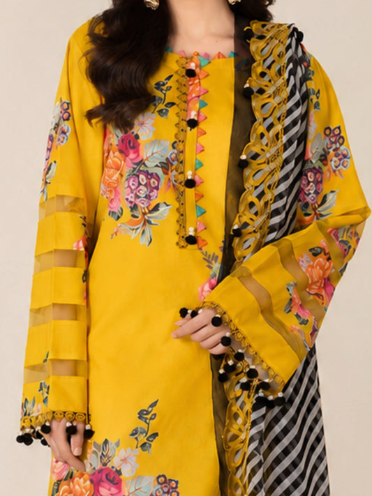 Yellow-Alina Lime Lawn Printed Stitched 3-Piece Suit-Noor Lux