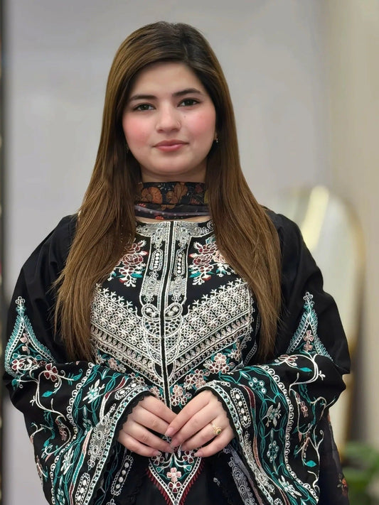 Black-Tehzeeb Libas Lawn Embroidered Stitched 3-Piece Suit-Sajjal B