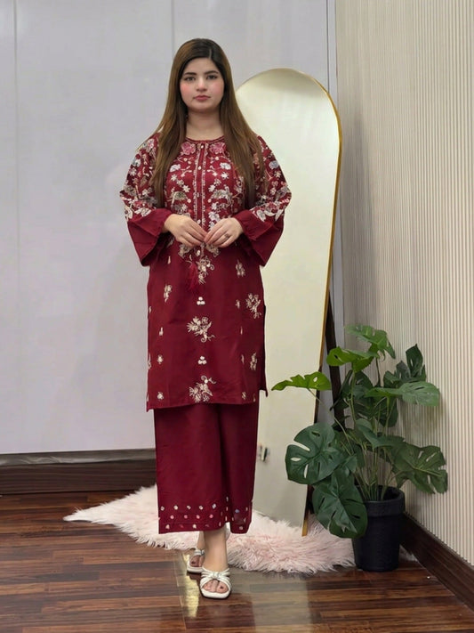 Red-Tehzeeb Libas Lawn Embroidered Stitched 2-Piece Suit-Lali         