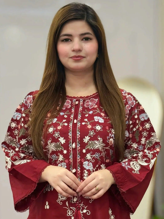 Red-Tehzeeb Libas Lawn Embroidered Stitched 2-Piece Suit-Lali         