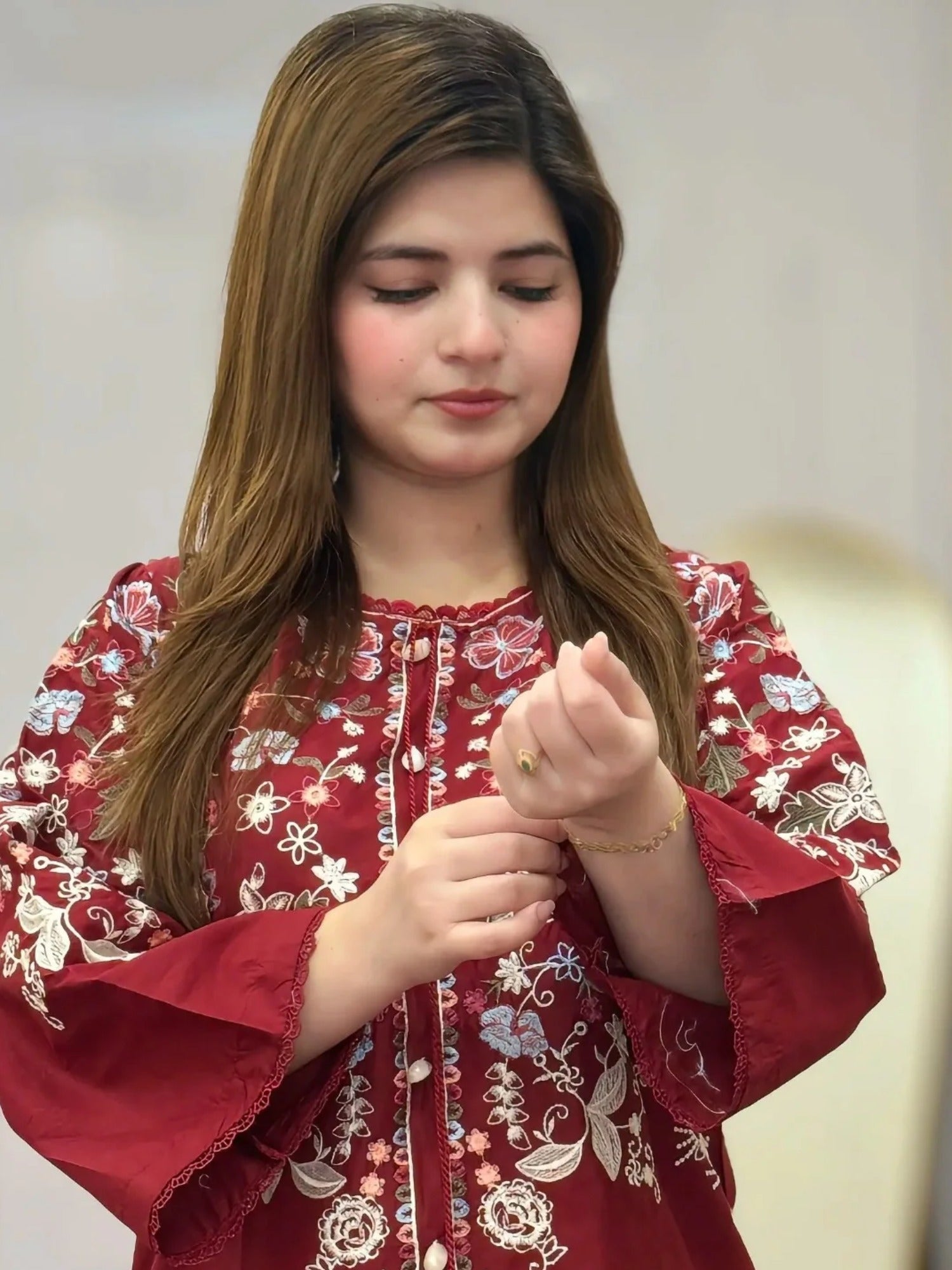 Red-Tehzeeb Libas Lawn Embroidered Stitched 2-Piece Suit-Lali         