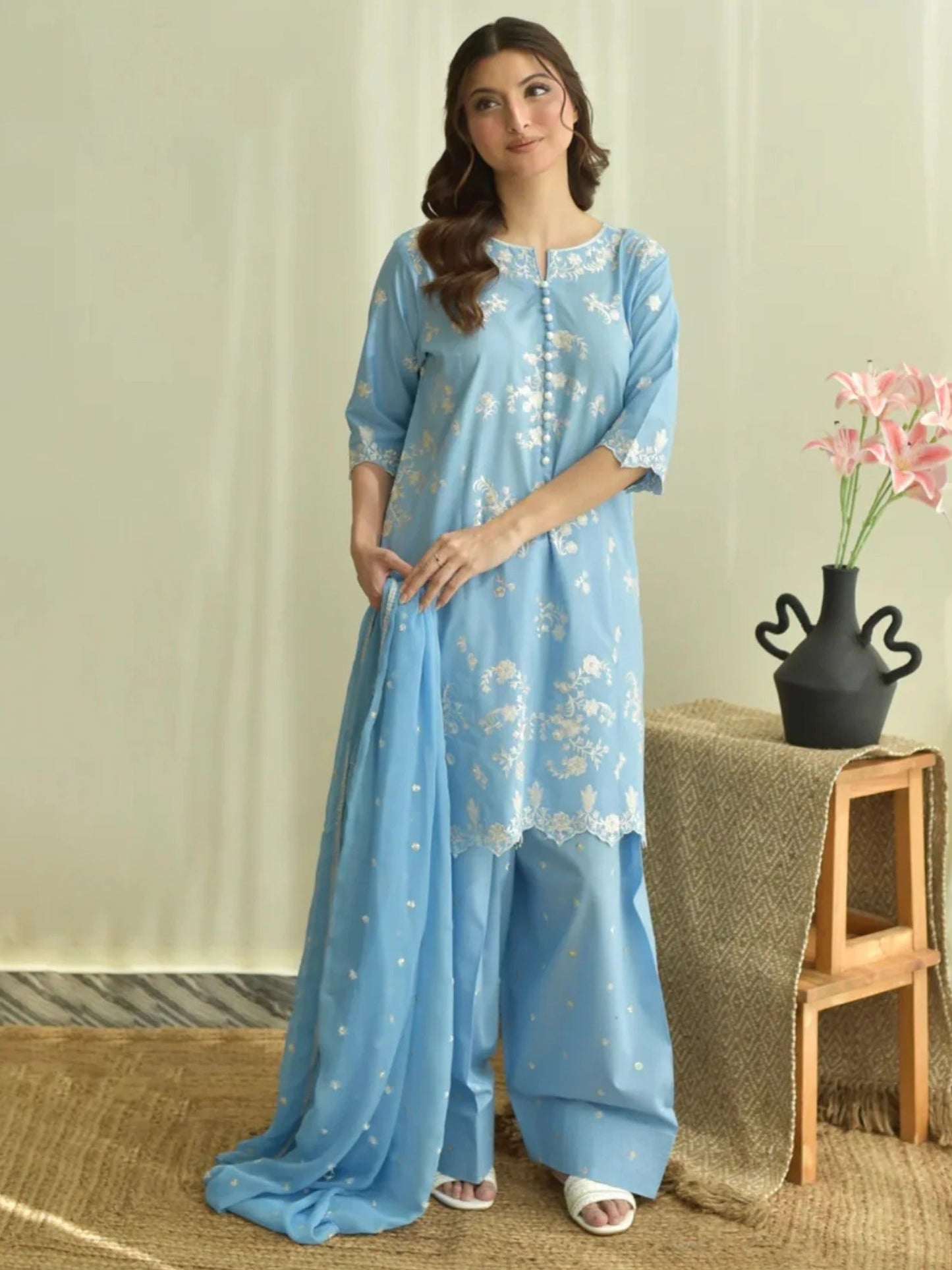 Blue-Tehzeeb Libas Lawn Embroidered Stitched 3-Piece Suit-Bluebell Bloom