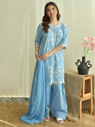 Blue Tehzeeb Libas Lawn Embroidered Stitched 3 Piece Suit Bluebell Bloom