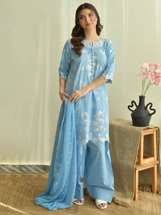 Blue-Tehzeeb Libas Lawn Embroidered Stitched 3-Piece Suit-Bluebell Bloom