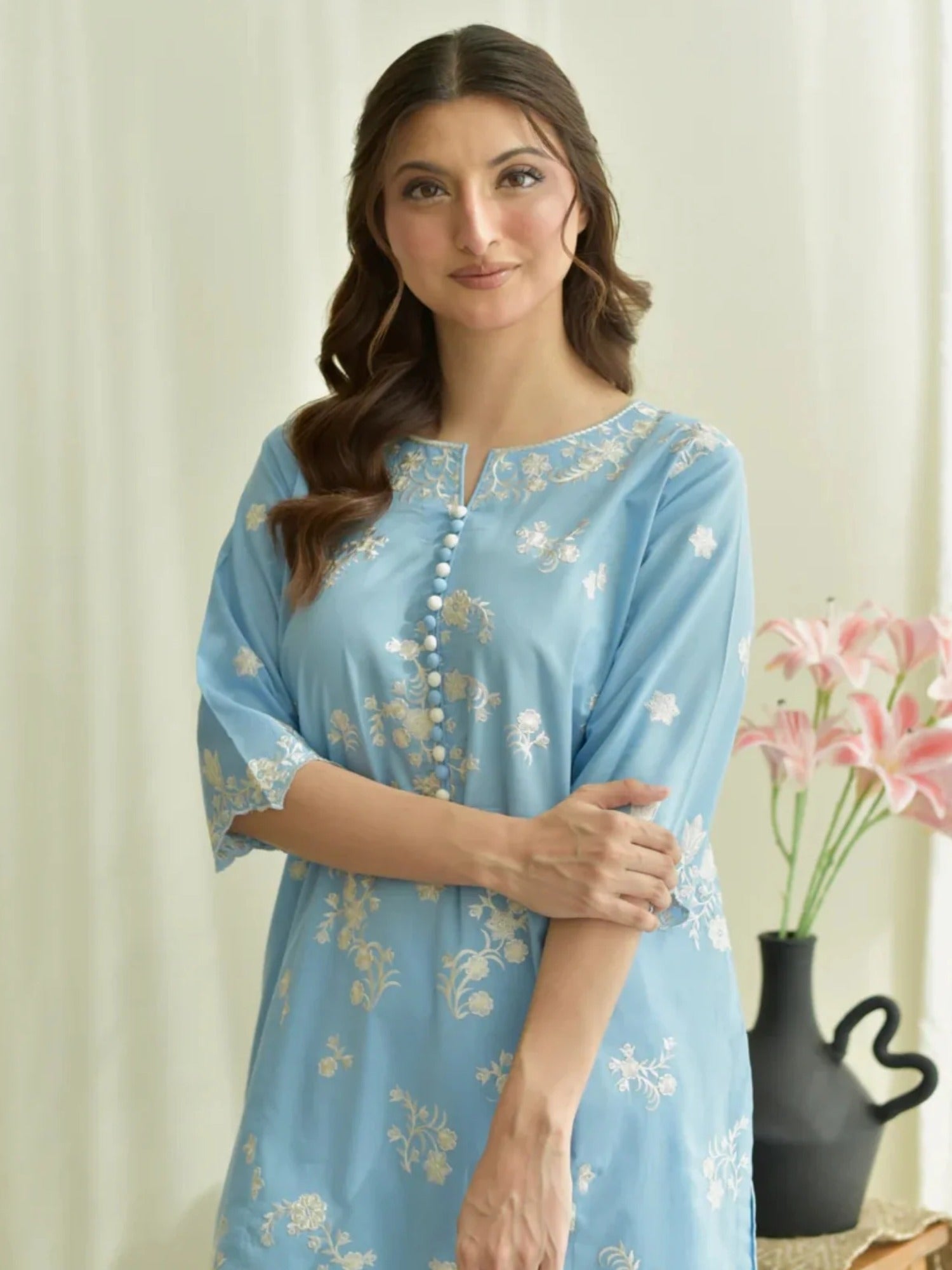 Blue-Tehzeeb Libas Lawn Embroidered Stitched 3-Piece Suit-Bluebell Bloom