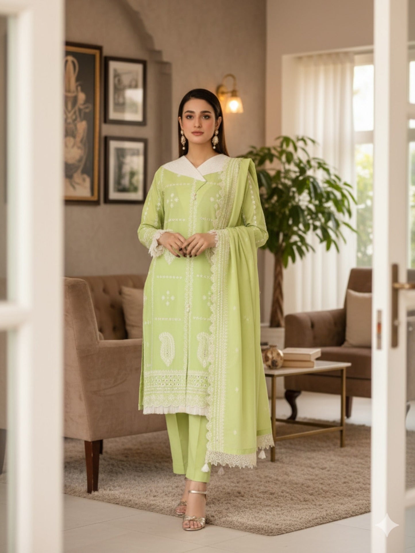 Lamorado Lawn Embroidered Unstitched 3-Piece Suit-LWSU-25CK301 Lime Green Chikankari