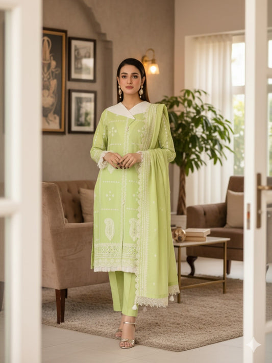 Lamorado Lawn Embroidered Unstitched 3-Piece Suit-LWSU-25CK301 Lime Green Chikankari