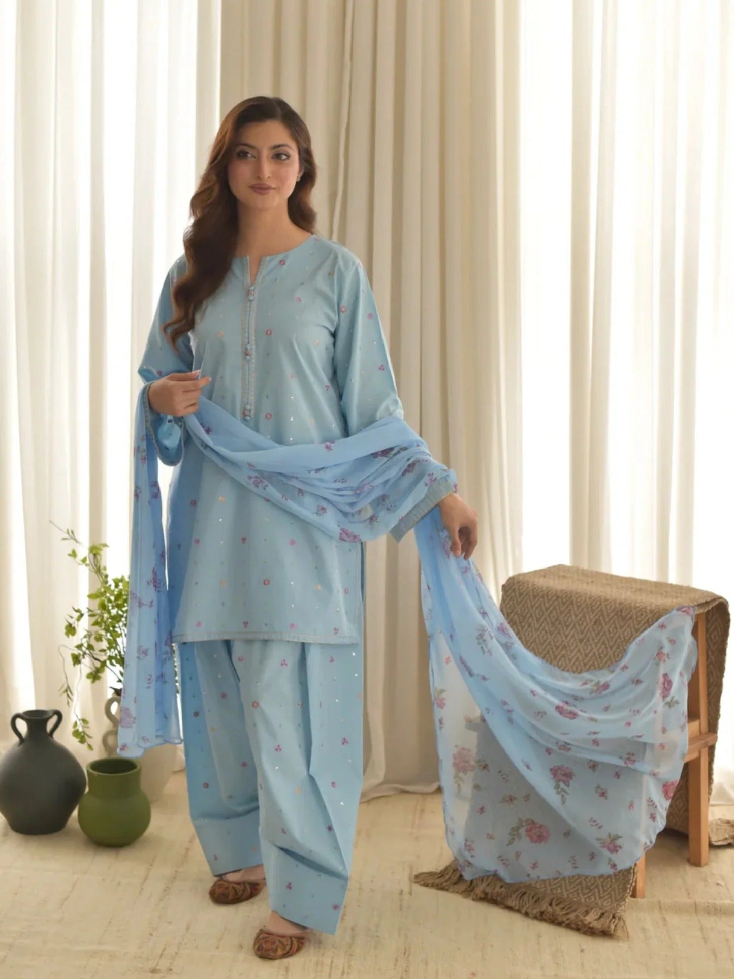 Blue-Tehzeeb Libas Lawn Embroidered Stitched 3-Piece Suit-Sky Dream               