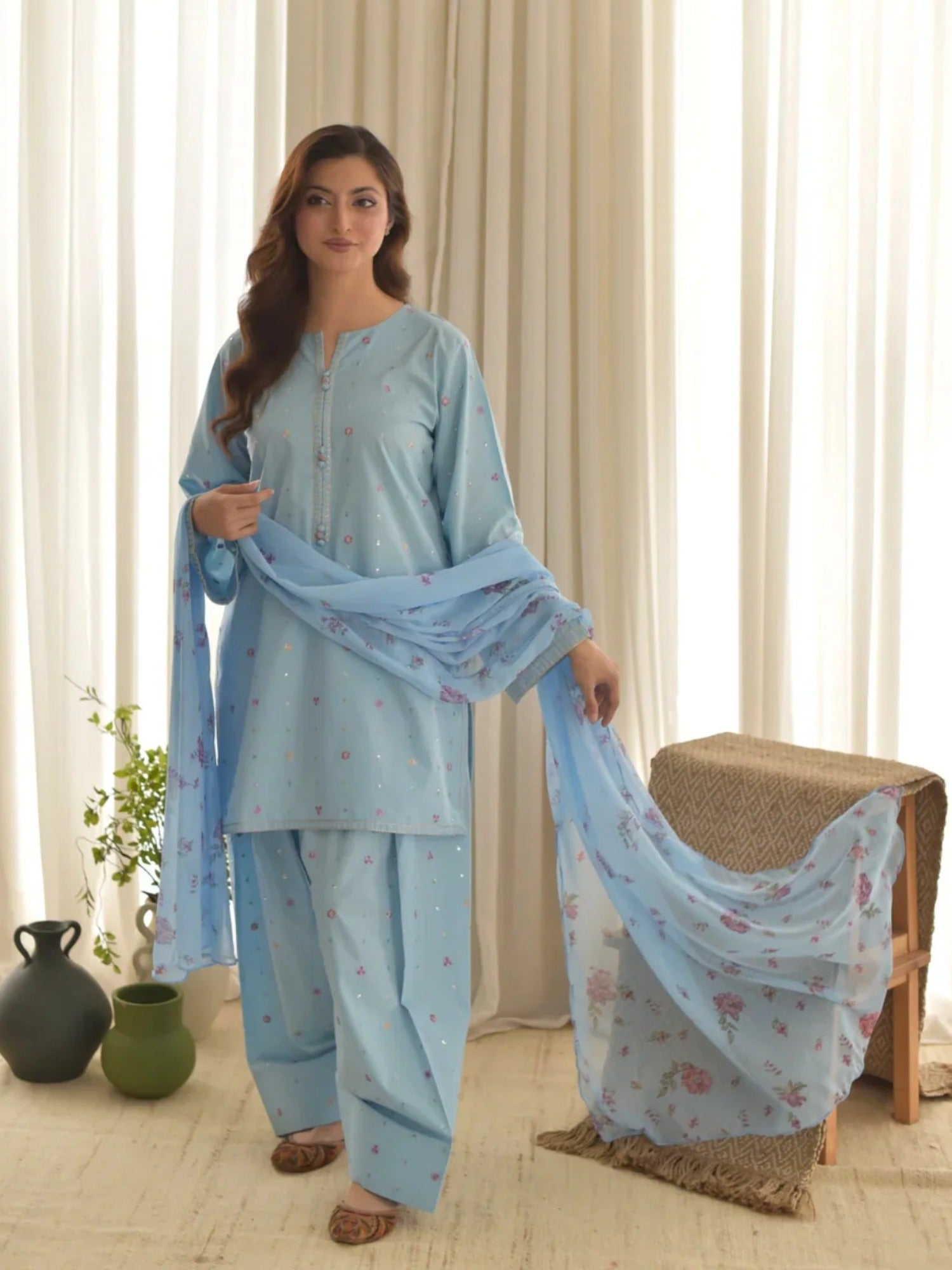 Blue-Tehzeeb Libas Lawn Embroidered Stitched 3-Piece Suit-Sky Dream               