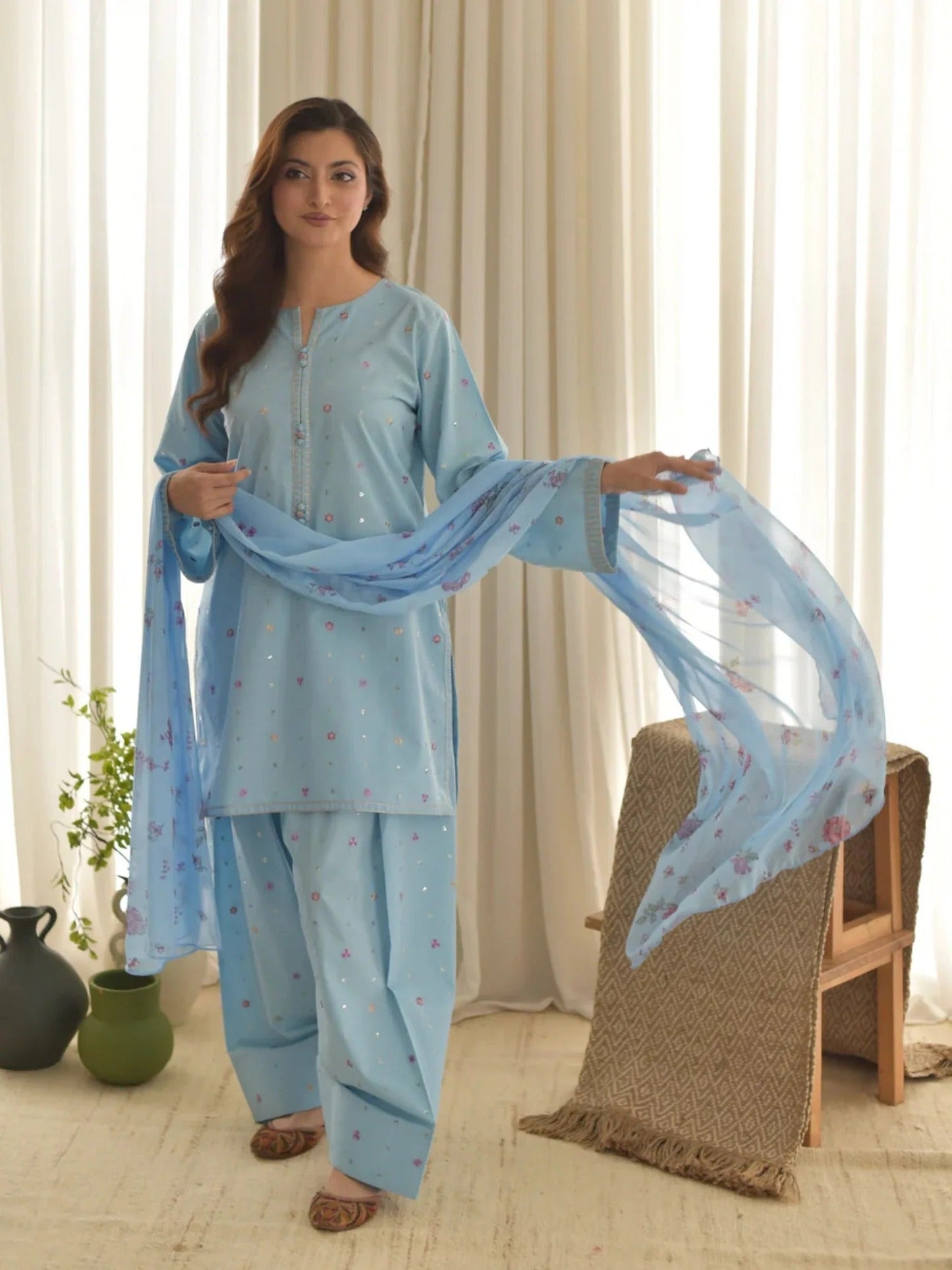 Blue-Tehzeeb Libas Lawn Embroidered Stitched 3-Piece Suit-Sky Dream               