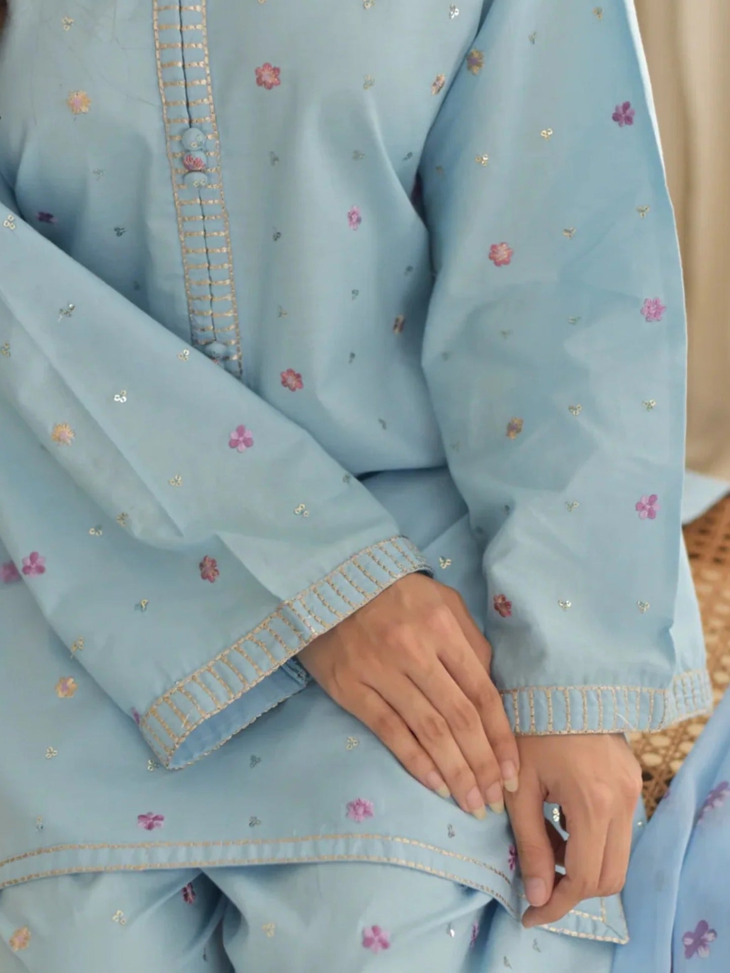 Blue-Tehzeeb Libas Lawn Embroidered Stitched 3-Piece Suit-Sky Dream               