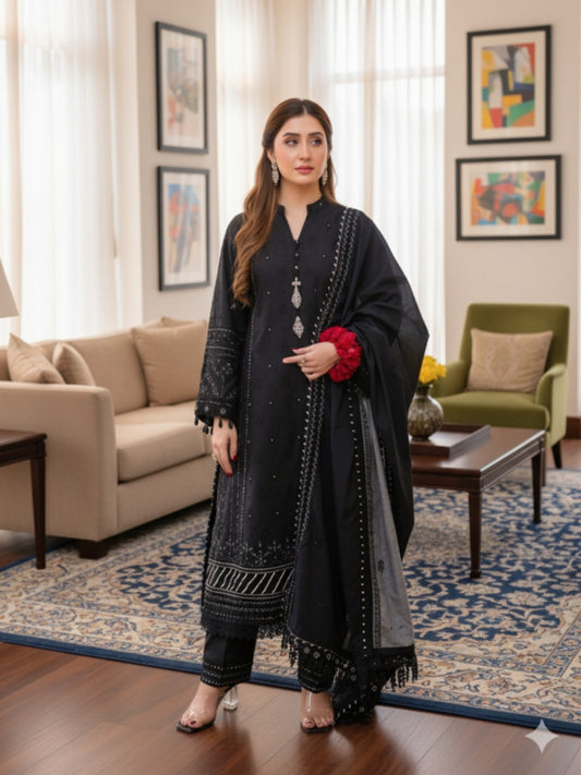 Lamorado Lawn Embroidered Unstitched 3-Piece Suit-LWSU-25CK304 Chikankari Black