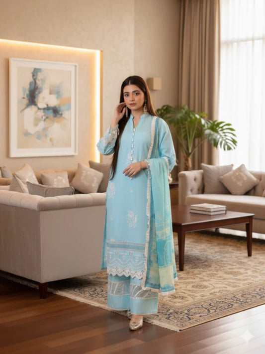 Lamorado Lawn Embroidered Unstitched 3-Piece Suit-LWSU-25CK305 Chikankari Blue
