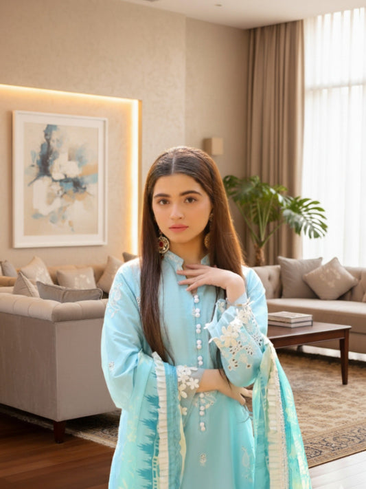 Lamorado Lawn Embroidered Unstitched 3-Piece Suit-LWSU-25CK305 Chikankari Blue