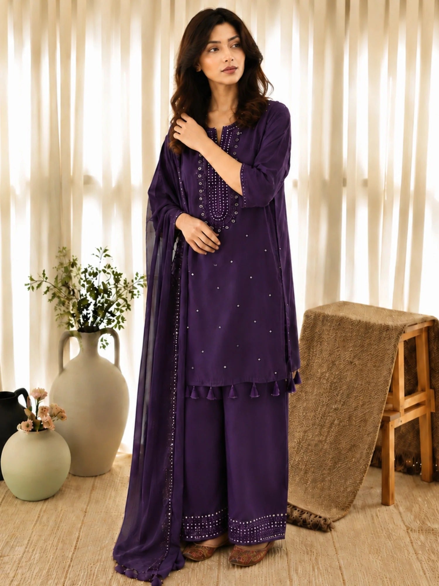 Purple-Alina Lime Linen Embroidered Stitched 3-Piece Suit-Purple Aura 
