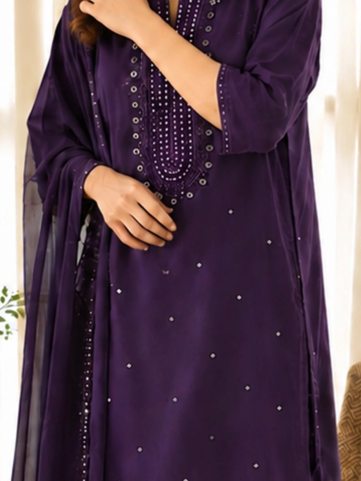 Purple-Alina Lime Linen Embroidered Stitched 3-Piece Suit-Purple Aura 