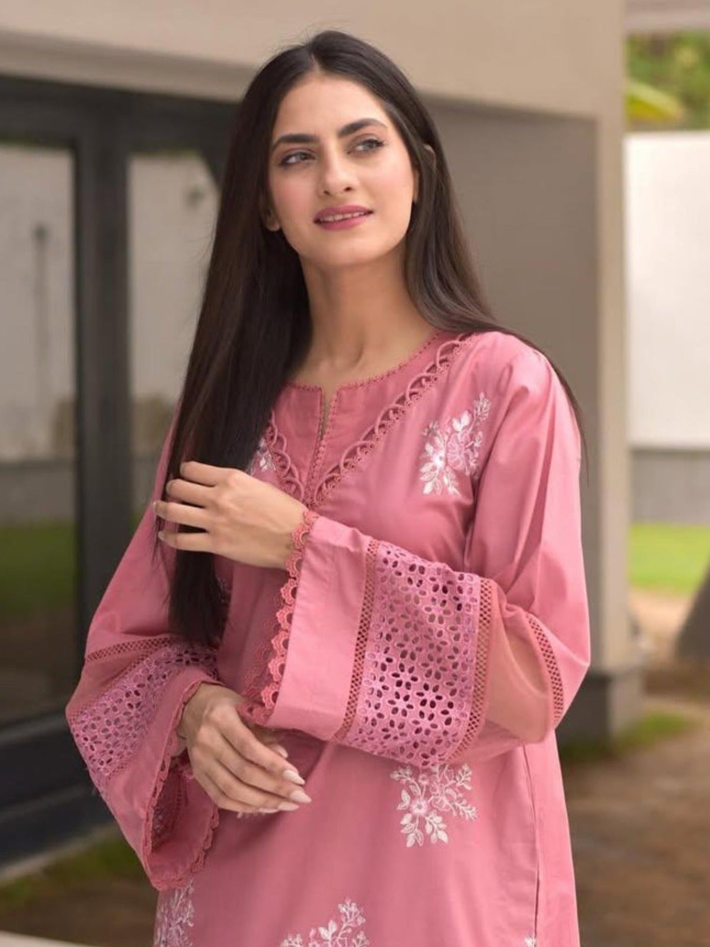 Pink- Alina Lime Lawn Embroidered Stitched 2-Piece Suit-Horiya Pink 