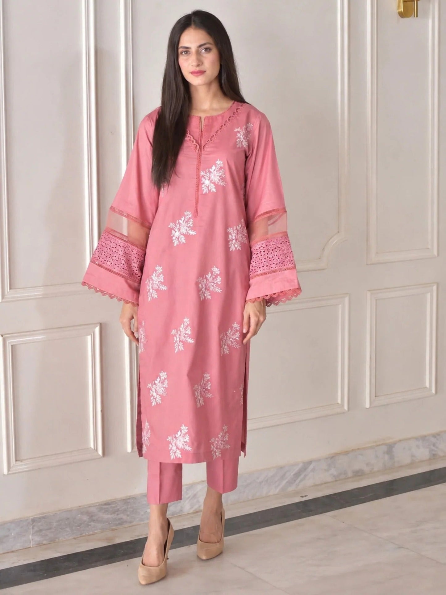Pink- Alina Lime Lawn Embroidered Stitched 2-Piece Suit-Horiya Pink 