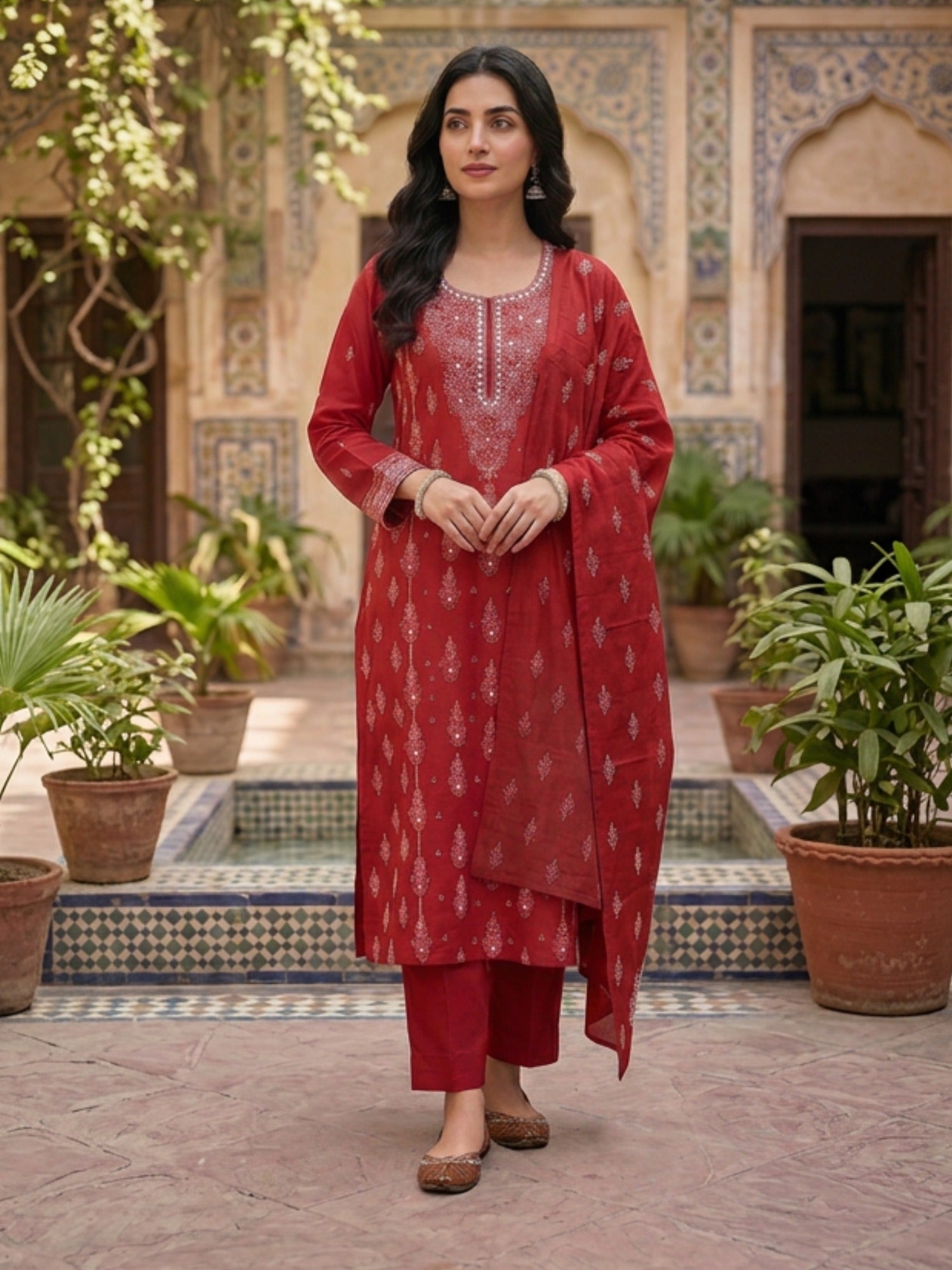 Red-Fehm Lawn Embroidered Unstitched 3-Piece Suit