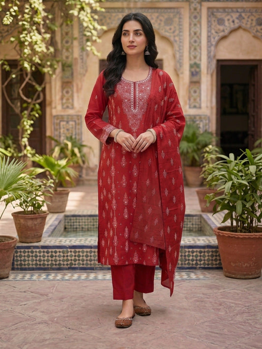 Red-Fehm Lawn Embroidered Unstitched 3-Piece Suit