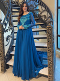 Blue-Hani & Umaima Chiffon Embroidered Pishwas-Dania