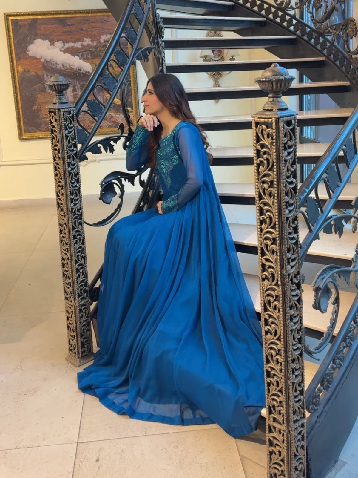 Blue-Hani & Umaima Chiffon Embroidered Pishwas-Dania
