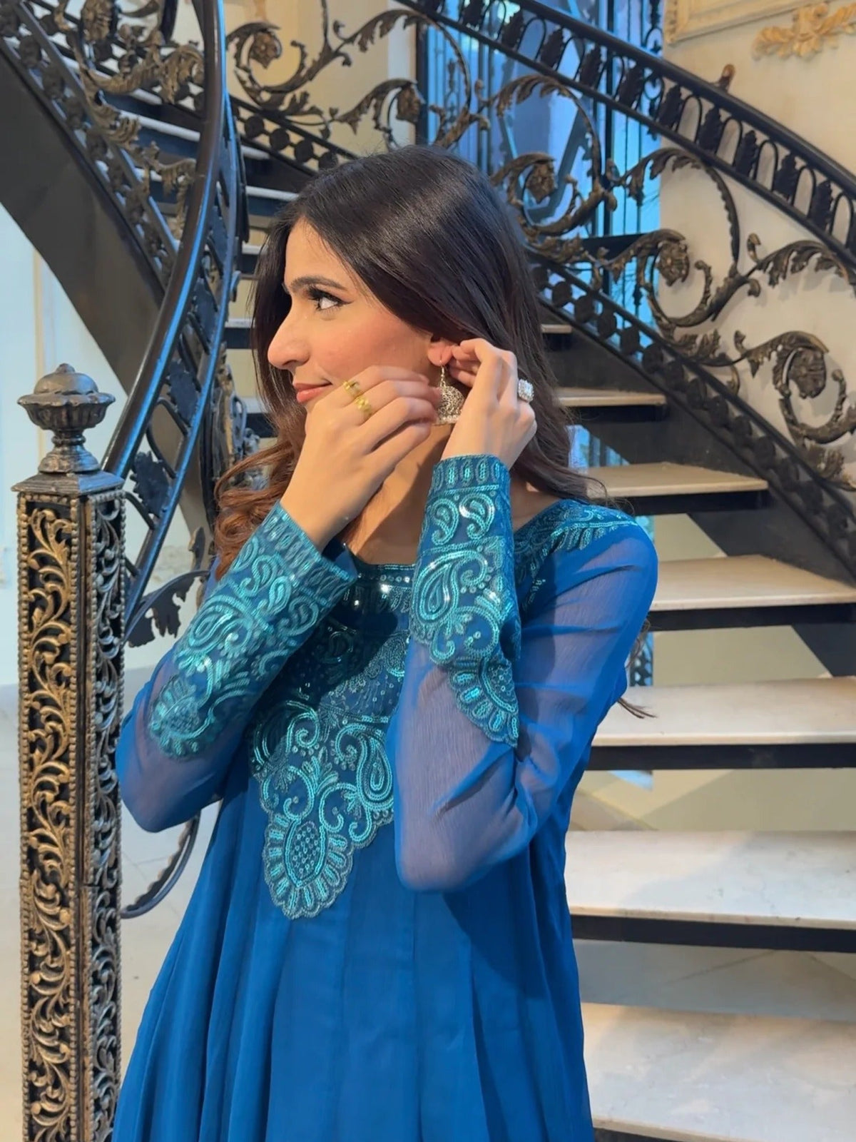 Blue-Hani & Umaima Chiffon Embroidered Pishwas-Dania